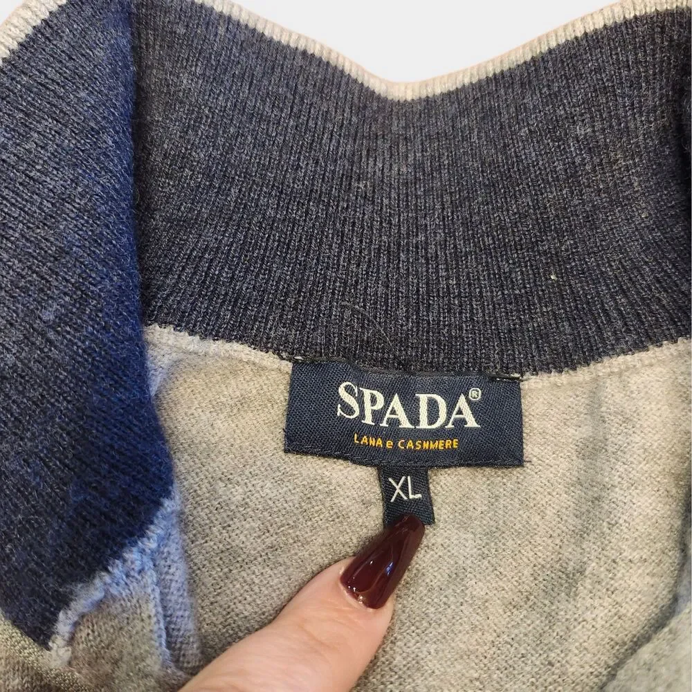 Spada‎ Roma Italian Mens XL Gray 1/4 Zip Wool Cashmere Blend Sweater Elbow Patch